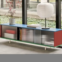 Store Buffet Bas Colour Cabinet Floor Bois/ Large - L 180 X H 51 Cm / Portes Verre Strie - Unisexe Commodes Buffets Armoires