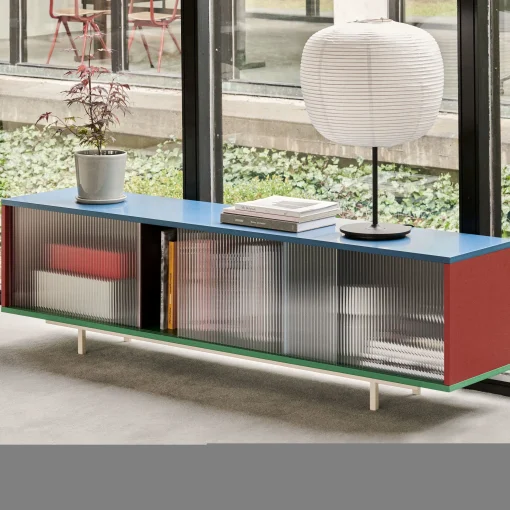 Store Buffet Bas Colour Cabinet Floor Bois/ Large - L 180 X H 51 Cm / Portes Verre Strie - Unisexe Commodes Buffets Armoires