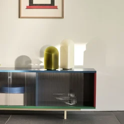 Store Buffet Bas Colour Cabinet Floor Bois/ Large - L 180 X H 51 Cm / Portes Verre Strie - Unisexe Commodes Buffets Armoires
