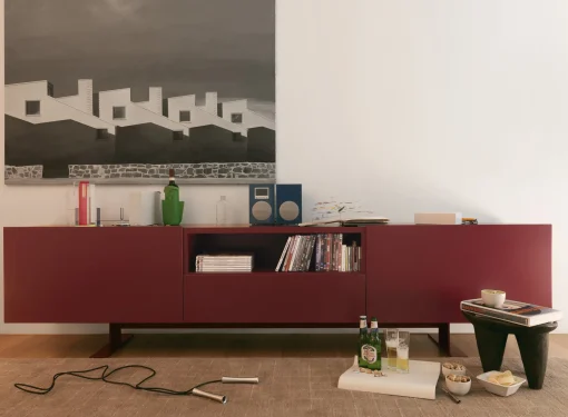 Discount Buffet Luxor Metal Bois Rouge Violet / 2 Portes, Niche Ouverte & Tiroir - L 270 X H 66 Cm - Unisexe Commodes Buffets Armoires