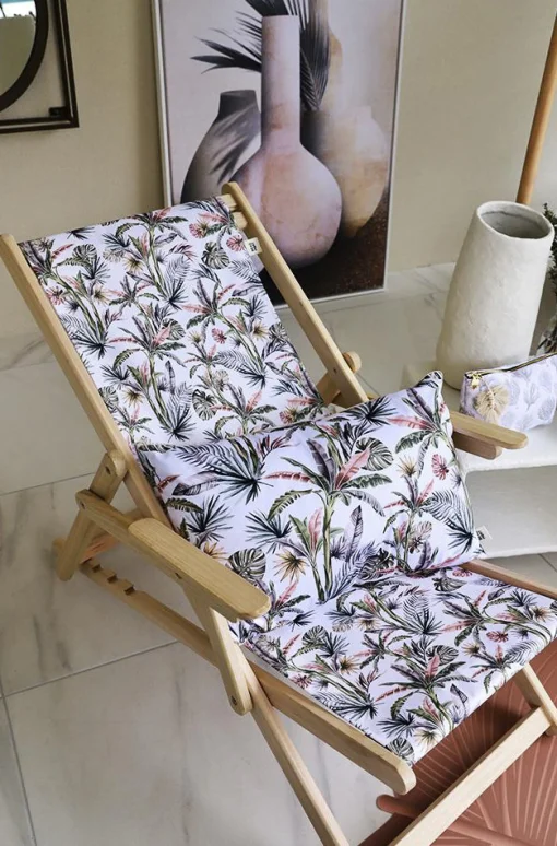 Discount Chaise Longue Pliable Inclinable Rio Bois Multicolore Bois & Tissu Blanc Fleuri / Avec Accoudoirs - Unisexe Bains De Soleil Chaises Longues Et Hamacs