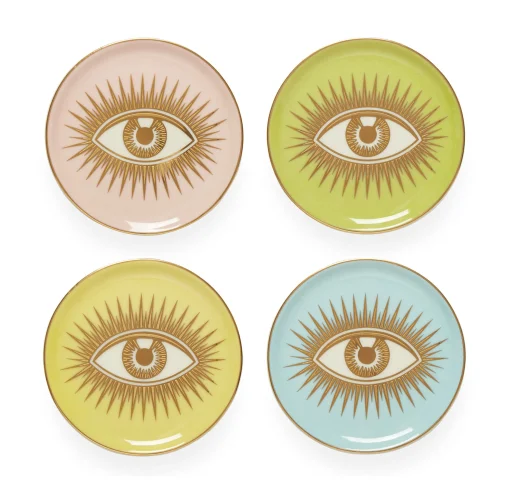 Online Dessous De Verre Le Wink Ceramique Bleu Rose Jaune Vert / Set De 4 - Porcelaine & Or - Unisexe Autour Du Vin