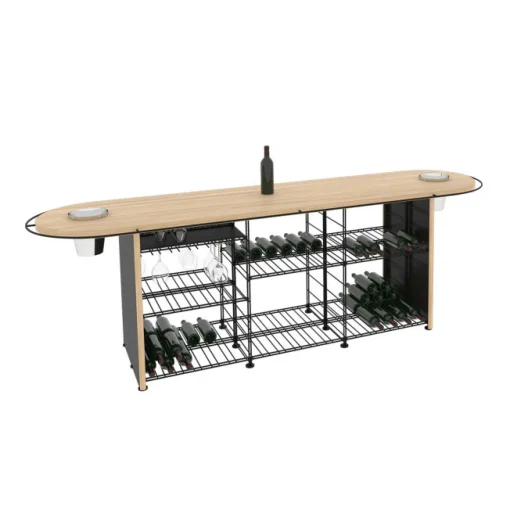 Hot Etagere A Vin  Metal Noir Bois Naturel / Comptoir De Degustation - L 281 X Larg. 80 Cm X H 93 Cm / 300 Bouteilles - Unisexe Mange Debout Et Bars