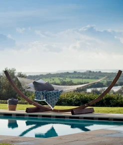 New Hamac Avec Support Amanda Tissu Bois Blanc Bois & Tissu Blanc / 2 Places - Coton / Avec Coussin - Unisexe Bains De Soleil Chaises Longues Et Hamacs