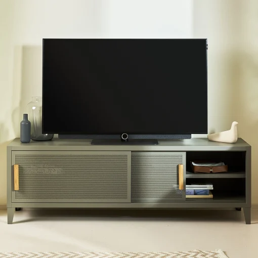Outlet Meuble Tv B2 Bas Perfore Metal Vert / L 160 X H 51 Cm - Poignees Chene - Unisexe Commodes Buffets Armoires