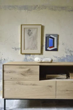 Fashion Meuble Tv Whitebird Noir Bois Naturel / Chene Massif - L 180 Cm - Unisexe Commodes Buffets Armoires