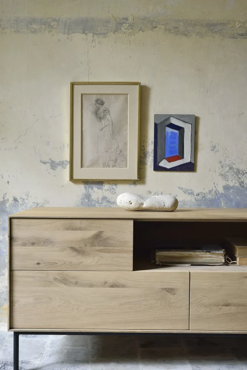 Fashion Meuble Tv Whitebird Noir Bois Naturel / Chene Massif - L 180 Cm - Unisexe Commodes Buffets Armoires