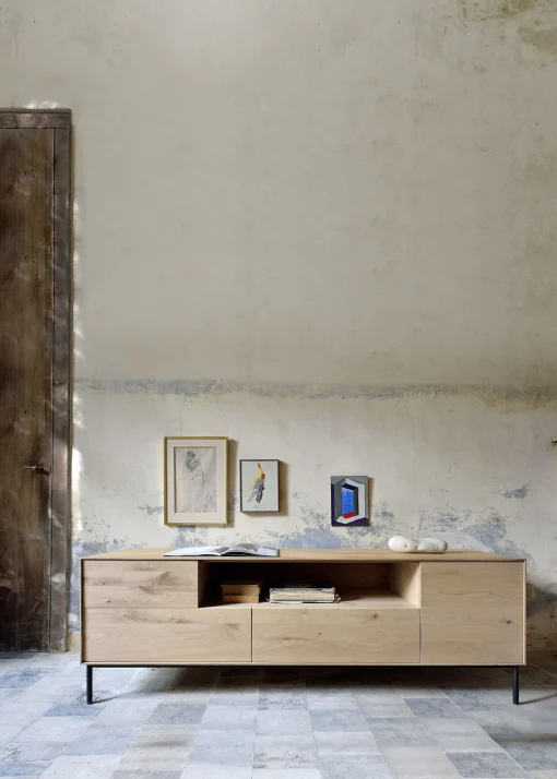 Fashion Meuble Tv Whitebird Noir Bois Naturel / Chene Massif - L 180 Cm - Unisexe Commodes Buffets Armoires