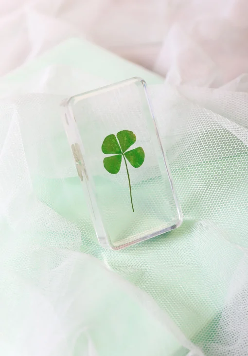 Hot Presse-Papier Cube Lucky Clover Plastique Transparent / Resine Et Trefle Veritable - 7.5 X 4 X 1 Cm - Unisexe Accessoires Bureau