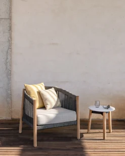 Hot Table D'Appoint Lento Ceramique Blanc Bois Naturel / Ceramique Et Teck - O 45 X H 44 Cm - Unisexe Tables Basses De Jardin